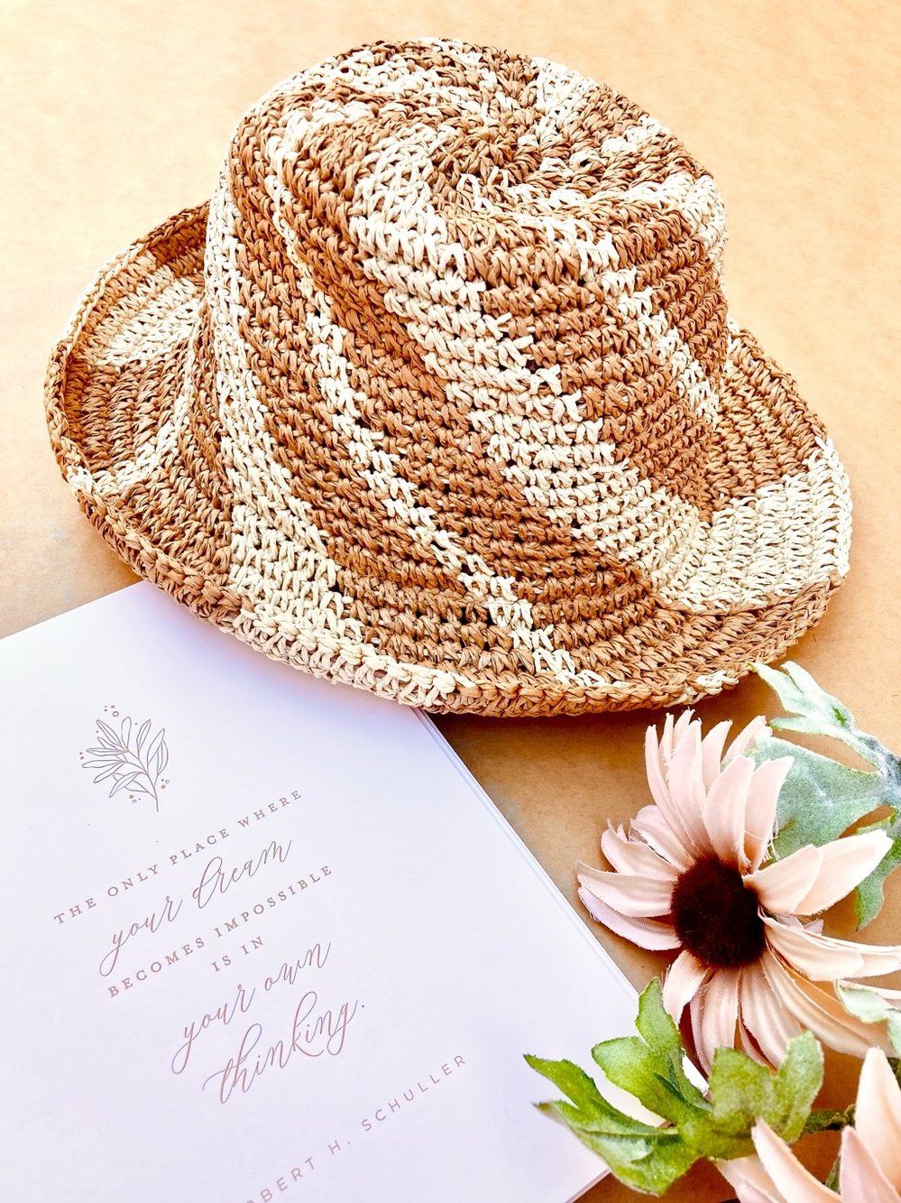 Anthro ❉ Swirl Straw Bucket Hat in Tan Ivory Stripe Print